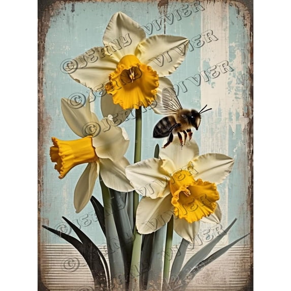 Daffodil Flower Retro Aluminum Sign 5.5x8 IN Metal Sign Butterfly Wall Plate Boho French Farmhouse Wall Art Garden Tin Signs for Cafes Club Pub Man Cave Wall Sign Gifts