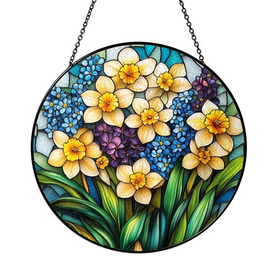 Daffodil Flower Stained Glass Suncatcher Window Hanging, March Birth Flower Narcissus Art Panel, Spring Garden Decor Gift