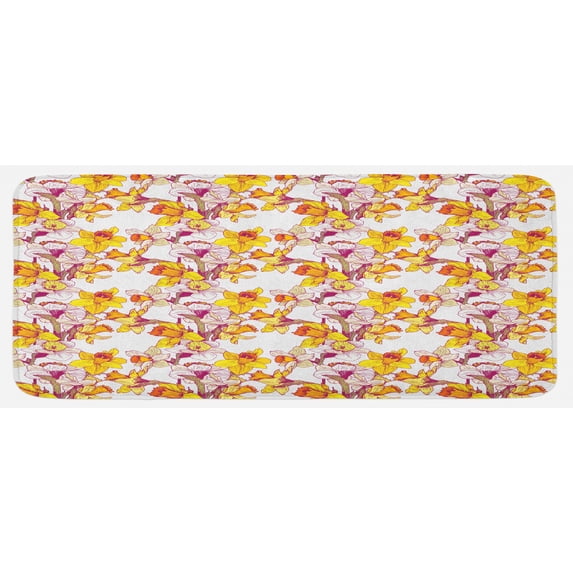 Daffodil Kitchen Mat, Complex Colorful Detailed Mixed Narcissus Flower 6 Petals Love Balance Painting, Plush Decorative Kitchen Mat with Non Slip Backing, 47" X 19", Multicolor, by Ambesonne