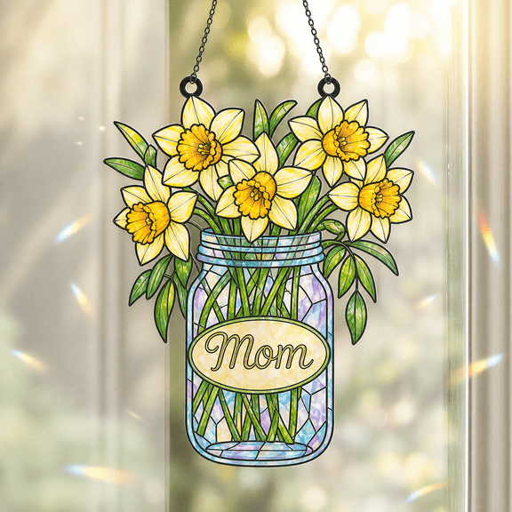 Daffodil Mason Jar Holographic Acrylic Window Ornament for Mom, Rainbow Sun Catcher