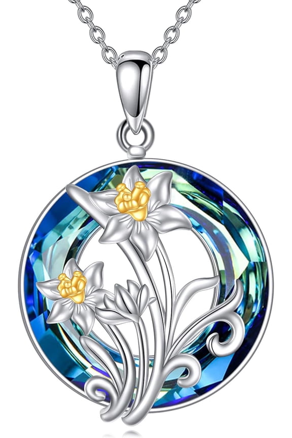 Daffodil Necklace March Birth Flower Pendant Necklace Circle Crystal 925 Sterling Silver Jewelry Gifts For Women