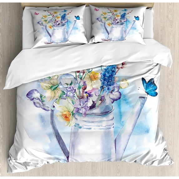 Daffodil Queen Size Duvet Cover Set, Summer Bouquet with Violets Puss-Willows and Butterflies in Old Fashion Watering Can, Decorative 3 Piece Bedding Set with 2 Pillow Shams, Multi, by Ambesonne