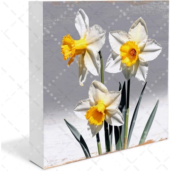 Daffodil Shabby Chic Farmhouse Wood Box Sign Rustic Spring Flowers Bloom Wooden Block Plaque for Spring Easter Table Centerpiece Home Wedding Window Box Garden Porch Decor 5x5 In