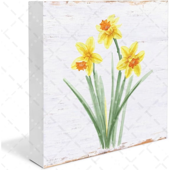 Daffodil Shabby Chic Farmhouse Wood Box Sign Table Decor Rustic Spring Flowers Bloom Wooden Block Plaque for Mother's Day Easter Party Home Decoration 5x5 In