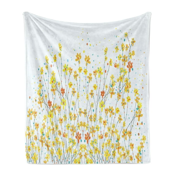 Daffodil Soft Flannel Fleece Blanket, Botanical Blooming Spring Field Gardening Theme with Color Splatters, Cozy Plush for Indoor and Outdoor Use, 50" x 70", Yellow Orange Pale Blue, by Ambesonne