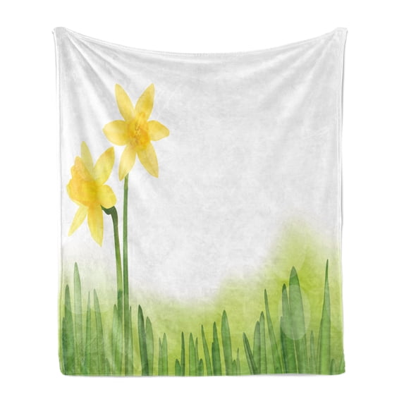 Daffodil Soft Flannel Fleece Blanket, Daffodil Flower in Grass Field Meadows Freshening Uniform Colored Illustration, Cozy Plush for Indoor and Outdoor Use, 50" x 60", Green Yellow, by Ambesonne