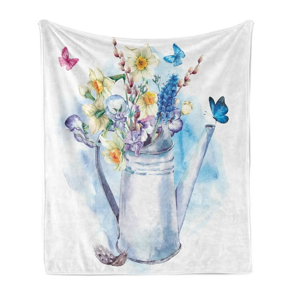 Daffodil Soft Flannel Fleece Blanket, Summer Bouquet with Violets Puss-Willows Butterflies in Old Fashion Watering Can, Cozy Plush for Indoor and Outdoor Use, 50" x 60", Multicolor, by Ambesonne