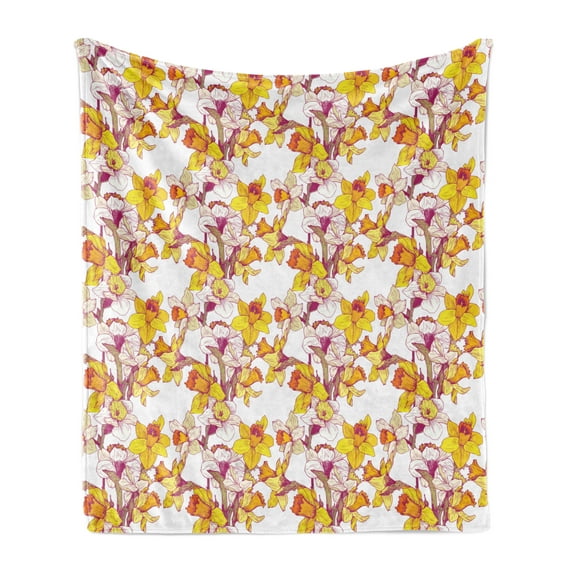Daffodil Soft Flannel Fleece Throw Blanket, Complex Colorful Detailed Mixed Narcissus Flower 6 Petals Love Balance Painting, Cozy Plush for Indoor and Outdoor Use, 70" x 90", Multicolor, by Ambesonne