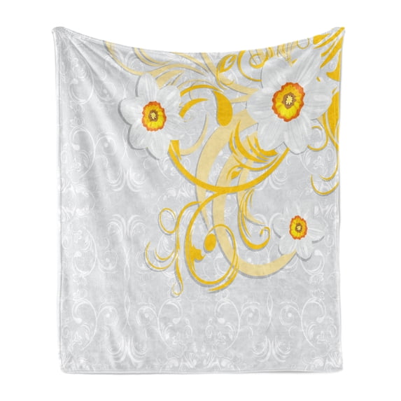 Daffodil Soft Flannel Fleece Throw Blanket, Daffodils on Ornate Background Floral Repeating Swirling Curves Spring Pattern, Cozy Plush for Indoor and Outdoor Use, 50" x 60", Grey Yellow, by Ambesonne