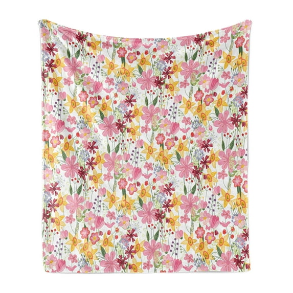Daffodil Soft Flannel Fleece Throw Blanket, Mixed Plants and Wildflowers Blooms Pattern Tulips Daffodil Romantic Floral Art, Cozy Plush for Indoor and Outdoor Use, 50" x 70", Multicolor, by Ambesonne