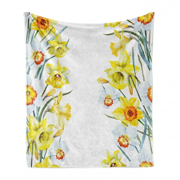 Daffodil Soft Flannel Fleece Throw Blanket, Spring Flowers Composition for Blossoming Results Natural Print, Cozy Plush for Indoor and Outdoor Use, 50" x 60", Yellow White Red, by Ambesonne