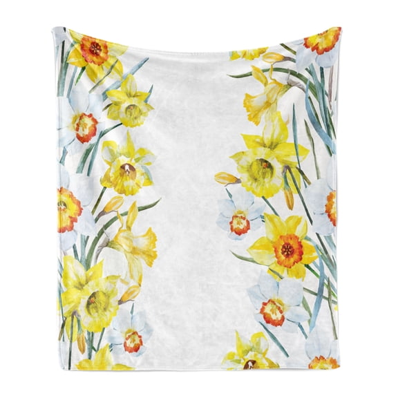 Daffodil Soft Flannel Fleece Throw Blanket, Spring Flowers Composition for Blossoming Results Natural Print, Cozy Plush for Indoor and Outdoor Use, 50" x 70", Yellow White Red, by Ambesonne