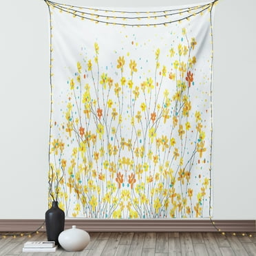 Daffodil Tapestry, Botanical Blooming Spring Field Gardening Theme with Color Splatters, Wall Hanging for Bedroom Living Room Dorm Decor, 60W X 80L Inches, Yellow Orange Pale Blue, by Ambesonne