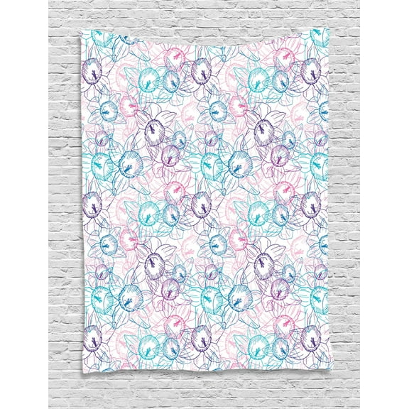 Daffodil Tapestry, Doodle Pastel Flowers Blossoms in Various Tones Botanical Bouquets Pattern, Wall Hanging for Bedroom Living Room Dorm Decor, 60W X 80L Inches, White Multicolor, by Ambesonne