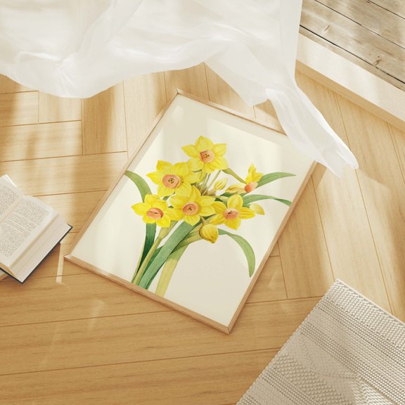 Daffodils Cute Spring Yellow Flowers Trendy Floral Wall Art Print, Elegant Botanical Theme For Bedroom And Gallery Wall Decor