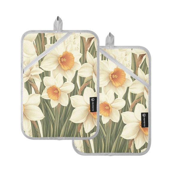 Daffodils Elegant Pattern Oven Mitts Pot Holders 2 pcs Heat Resistant for Kitchen Baking Grilling