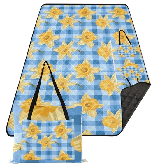 Daffodils Flower on Checkered Extra Large Picnic Beach Blanket Waterproof Sand Proof Portable Outdoor Mat 80x118