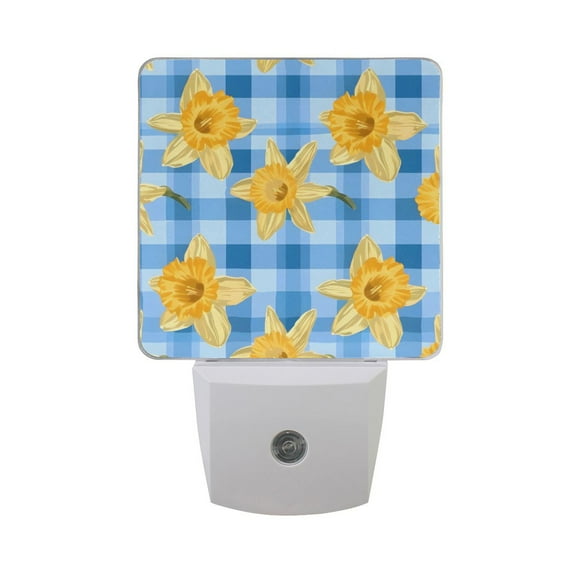 Daffodils Flower on Checkered Night Light 2 Pack LED Nightlight Plug into Wall Dusk to Dawn Sensor Soft White