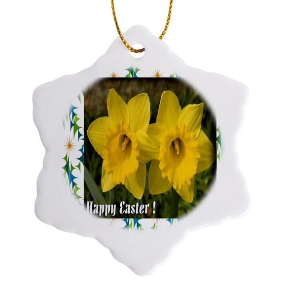 Daffodils Happy Easter, 3 inch Snowflake Porcelain Ornament
