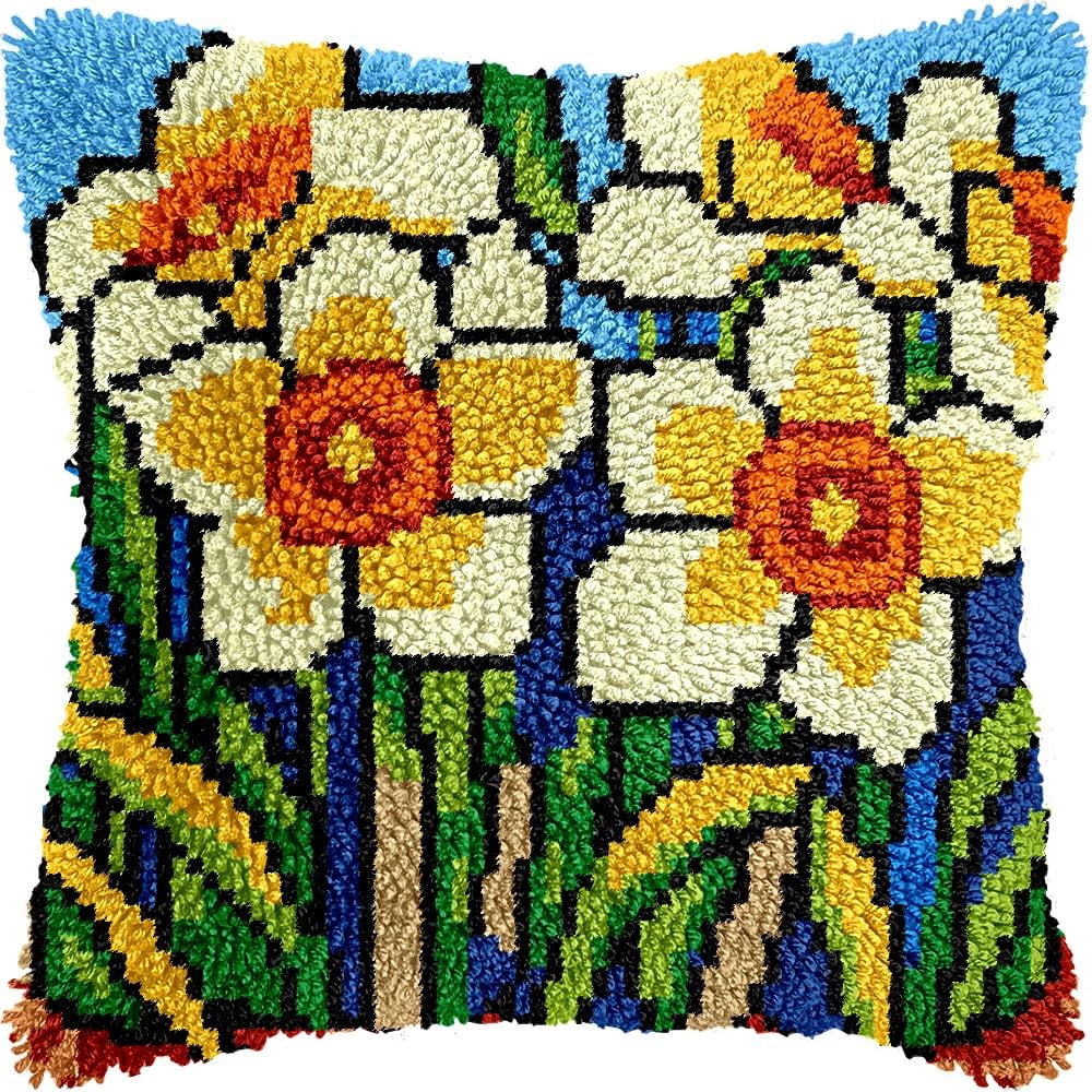 Daffodils Latch Hook Kits Pillow kits Cushion Throw Pillow Embroidery Craft Kits DIY Kits of DIY Hooking Pillowcase Cover Supplier with Color Printed Canvas 43x43cm (197)