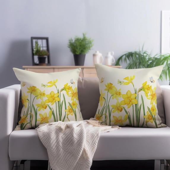 Daffodils Spring Pillow Covers 16x16 Set of 2 Spring Flowers Pillow Case Yellow Summer Floral Watercolor Decorative Throw Pillows Summer Pillowcase Square Cushion Cover Decor for Sofa Bedroom