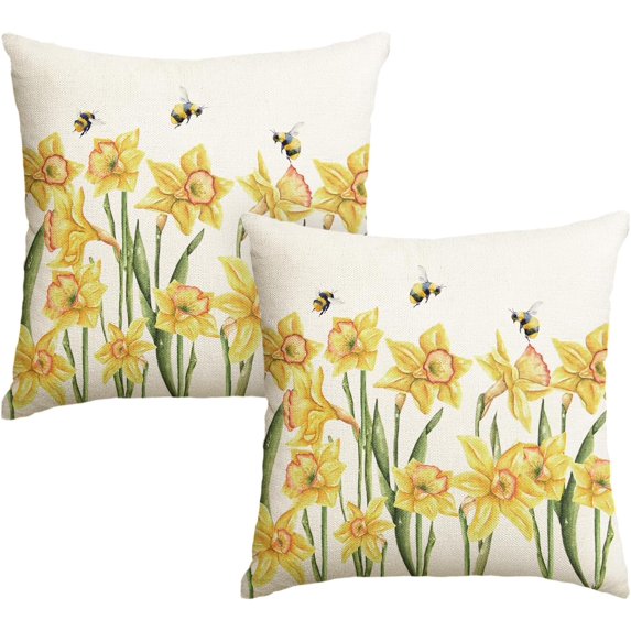 Daffodils Spring Throw Pillow Cover Set of 2, 18 x 18 Inch Spring Summer Flower Cushion Case for Sofa Couch