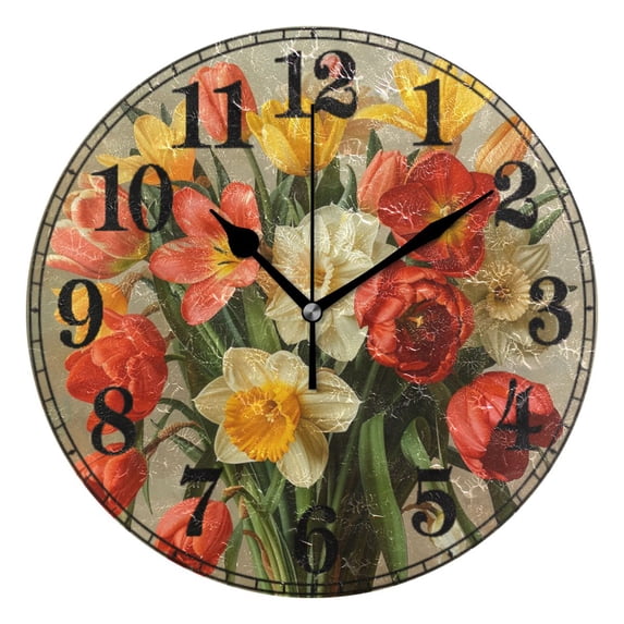 Daffodils and Tulips Flowers Silent Wall Clock 10" Non-Ticking Battery Clock