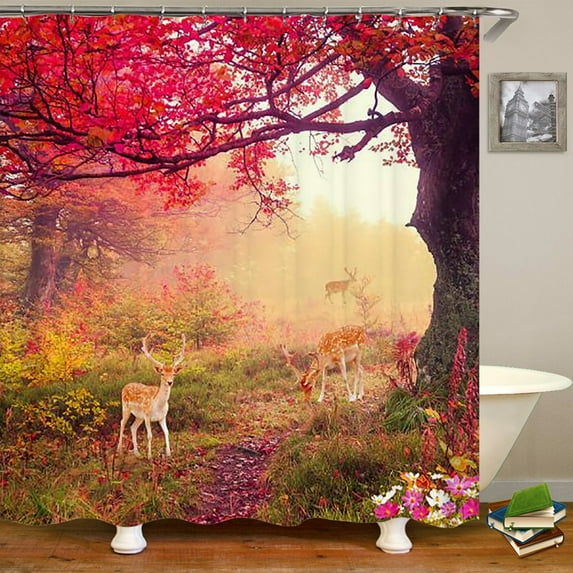 Dafield Mountain Shower Curtain Nature Pictures Lake Landscape Primitive Smoky Cloth Black Forest Fabric Bathroom Shower Curtain