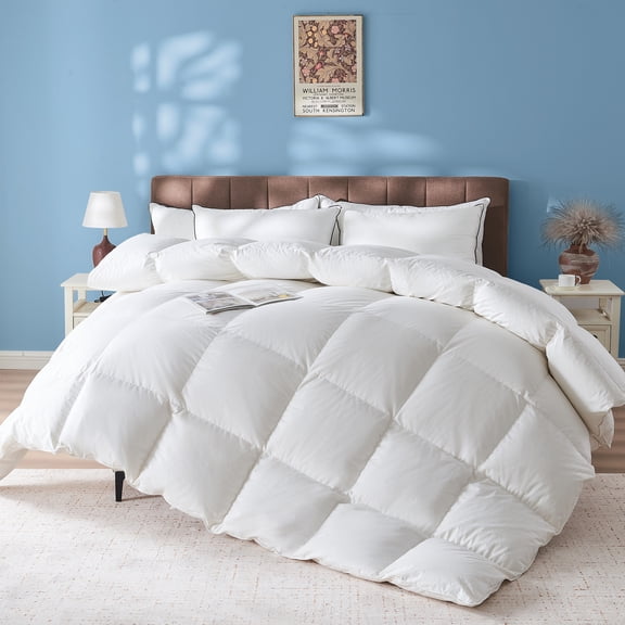 Dafinner Hotel Luxury Goose Feathers Down Comforter Queen Size, 100% Organic Cotton Cover, All-Season Comfort Duvet Insert (90x90, White)