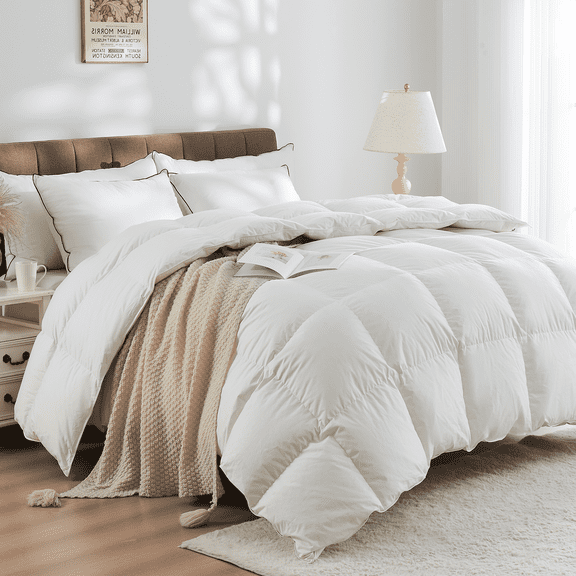 Dafinner 100% Organic Cotton Goose Feather Down Fibers Comforter Queen Size, Hypoallergenic & Breathable Medium Warmth for All Season Duvet Insert (90x90, White)