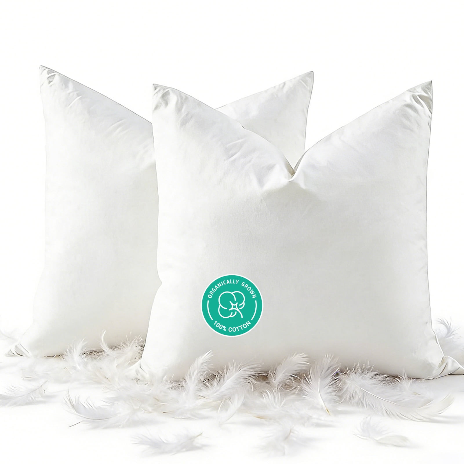 Dafinner Organic Cotton Goose Feather Down Throw Pillow Inserts, 28x28 Inch, Set of 2, Soft & Supportive, Euro Large Square Decorative Pillow Forms Core for Living Room Couch, Sofa, or Bed
