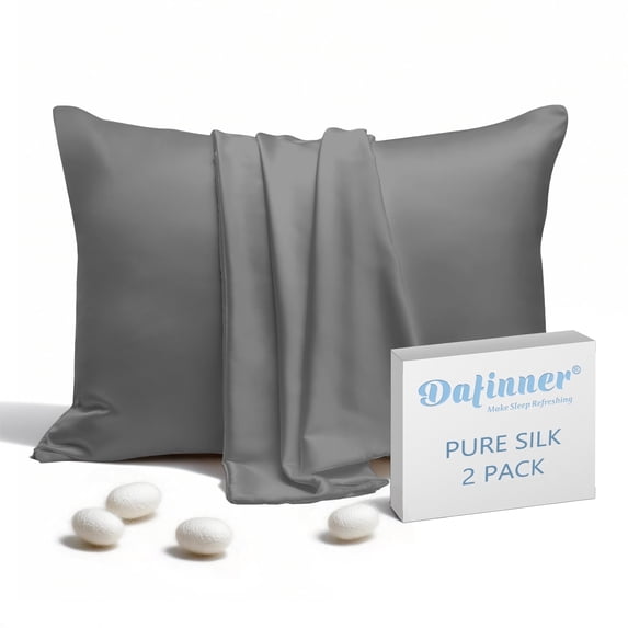 Dafinner Luxury Set of 2 Pure Mulberry Silk Pillowcases with Hidden Zipper Queen Size, Silky Pillow Cases for Skin & Hair (20x30, Grey)