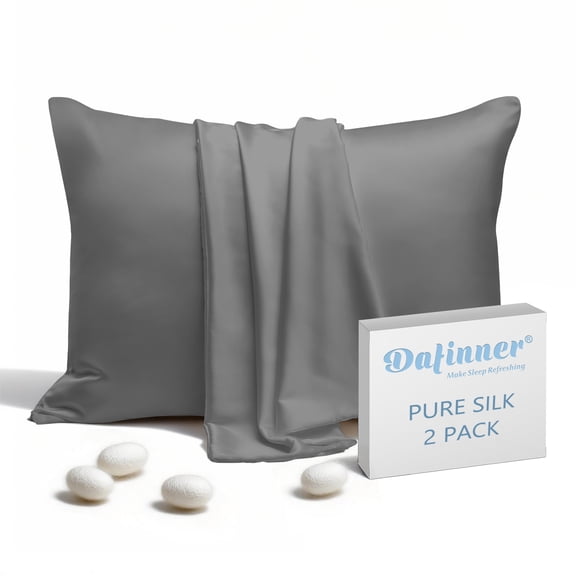 Dafinner Set of 2 Pure Mulberry Silk Pillowcases With Hidden Zipper Queen Size, Silky Pillow Cases for Skin & Hair (20x30, Grey)