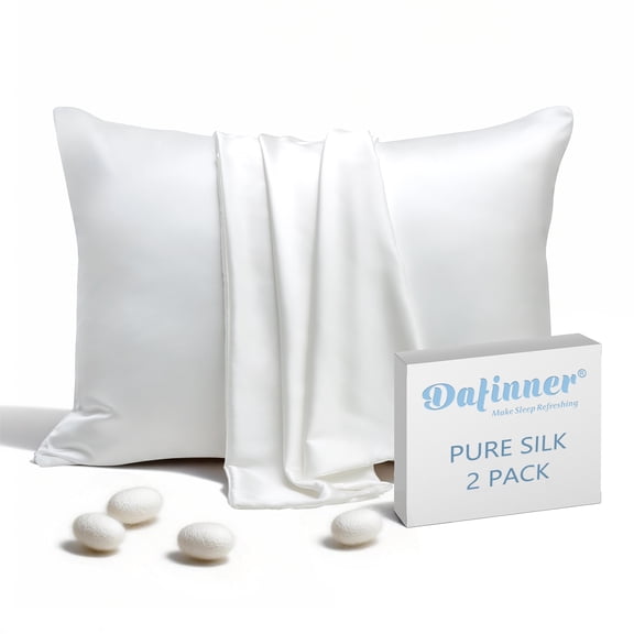 Dafinner Set of 2 Pure Mulberry Silk Pillowcases With Hidden Zipper Standard Size, Silky Pillow Cases for Skin & Hair (20x26, White)