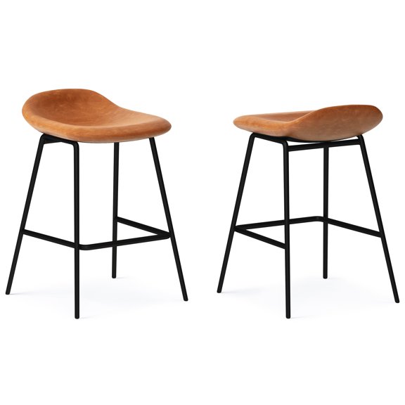 Simpli Home Dafney Contemporary 24 inch Counter Height Stool (Set of 2) in Camel Brown Vegan Faux Leather