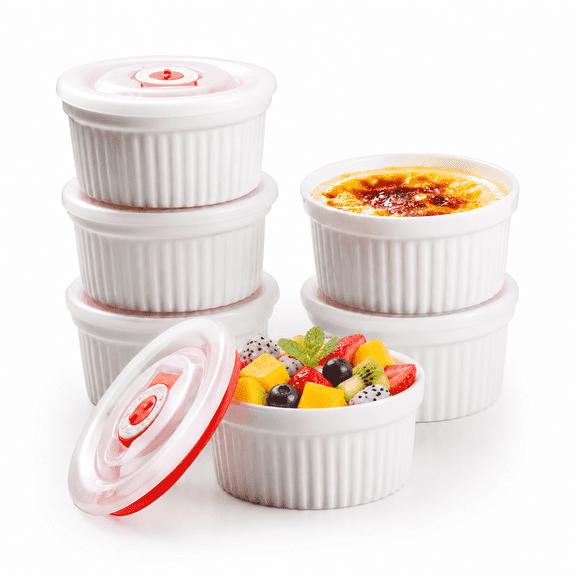 6oz Porcelain Ramekins with Lids, Set of 6 Oven Safe Creme Brulee Custard Cups