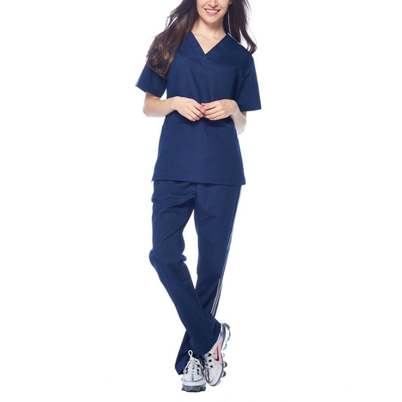 Dagacci Medical Uniform Unisex Men and Women V-Neck Athletic Trim Cotton Scrub Set (Navy,L)