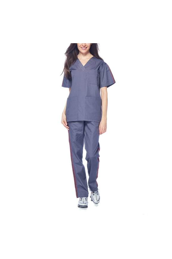 Medical Uniform Unisex Men and Women V-Neck Athletic Trim Cotton Scrub Set (Pewter Gray,XL)