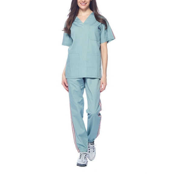 Dagacci Medical Uniform Unisex Men and Women V-Neck Athletic Trim Cotton Scrub Set (Seafoam,S)
