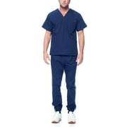 DAGACCI Medical Uniform Unisex Men and Women V-Neck Top Joggers Pants Athletic Trim Cotton Scrub Set (Navy,L)