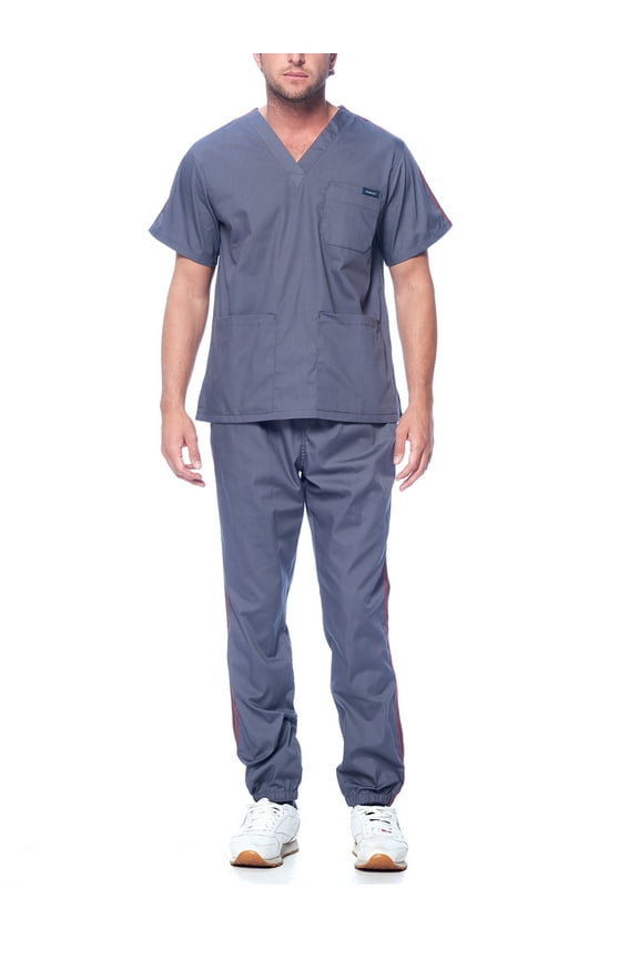 Medical Uniform Unisex Men and Women V-Neck Top Joggers Pants Athletic Trim Cotton Scrub Set (Pewter Gray,S)