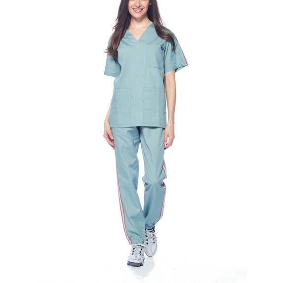 Dagacci Medical Uniform Unisex Men and Women V-Neck Top Joggers Pants Athletic Trim Cotton Scrub Set (Seafoam,XXL)