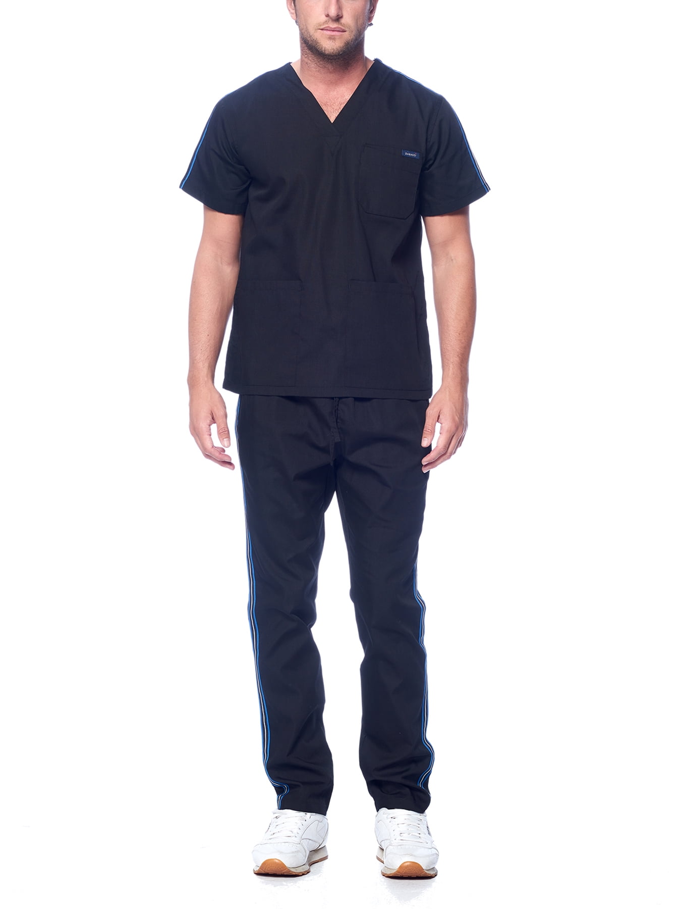 Dagacci Medical Uniform Unisex Men and Women V-Neck Top Straight Pants Athletic Trim Cotton Scrub Set (Black,M)