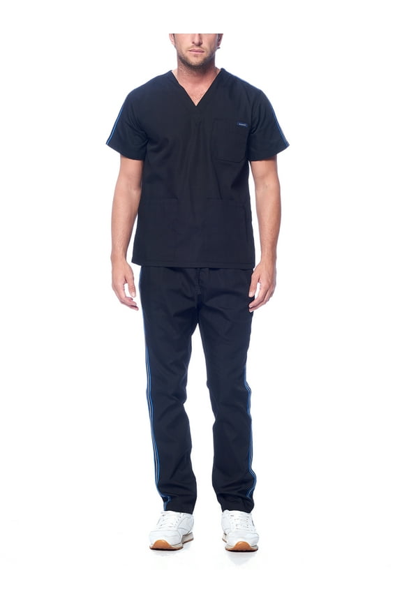 Medical Uniform Unisex Men and Women V-Neck Top Straight Pants Athletic Trim Cotton Scrub Set (Black,S)