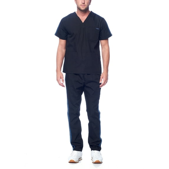Dagacci Medical Uniform Unisex Men and Women V-Neck Top Straight Pants Athletic Trim Cotton Scrub Set (Black,XS)
