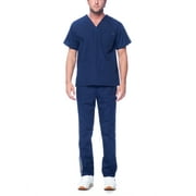 DAGACCI Medical Uniform Unisex Men and Women V-Neck Top Straight Pants Athletic Trim Cotton Scrub Set (Navy,L)