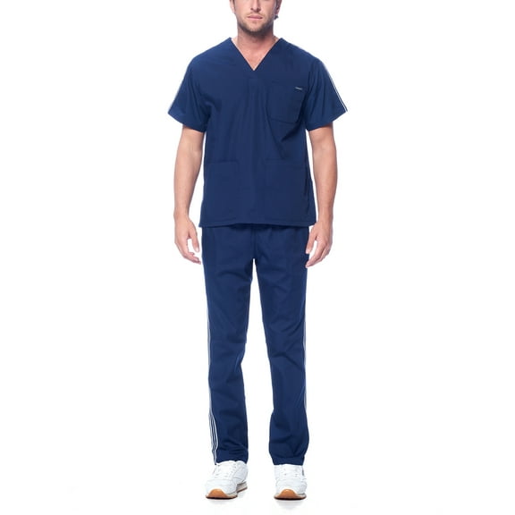 Dagacci Medical Uniform Unisex Men and Women V-Neck Top Straight Pants Athletic Trim Cotton Scrub Set (Navy,S)