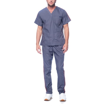 Dagacci Medical Uniform Unisex Men and Women V-Neck Top Straight Pants Athletic Trim Cotton Scrub Set (Pewter Gray,XS)