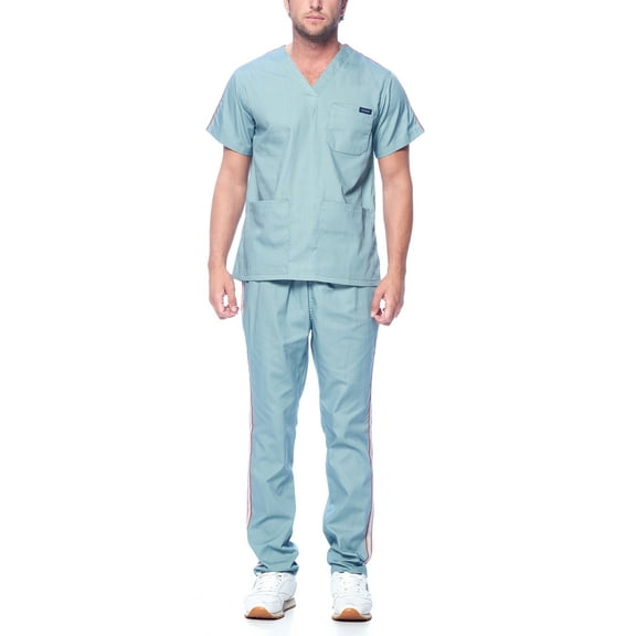 Dagacci Medical Uniform Unisex Men and Women V-Neck Top Straight Pants Athletic Trim Cotton Scrub Set (Seafoam,XXL)