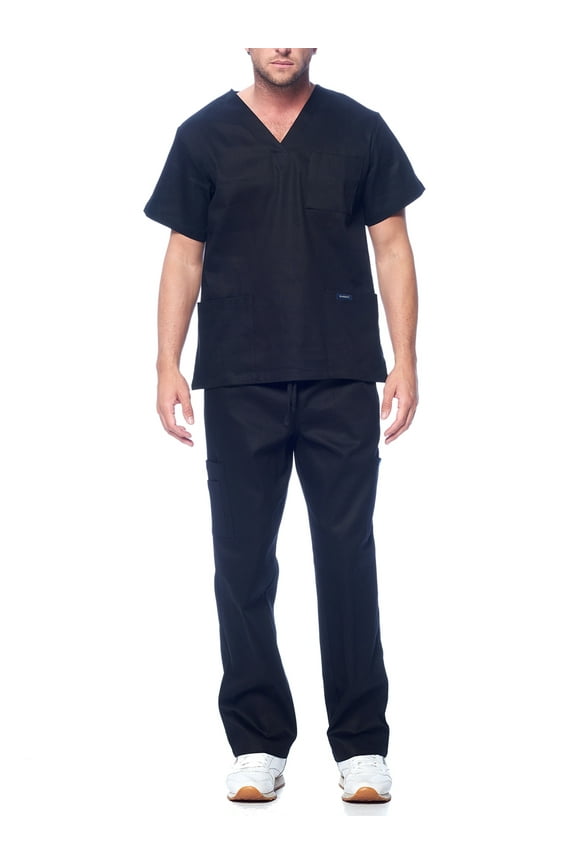 Medical Uniform Unisex Men and Women V-Neck Utility Cotton Scrub Set (Black,M)